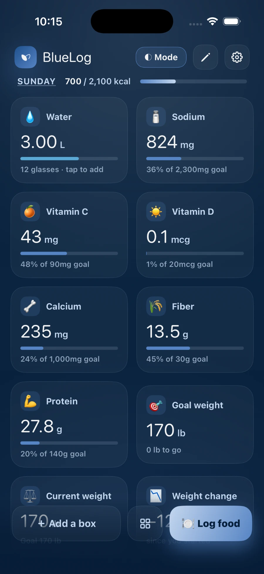 The BlueLog daily dashboard on iPhone, showing 700 of 2,100 kcal alongside boxes for water, sodium, vitamin C, vitamin D, calcium, fiber, protein and goal weight.